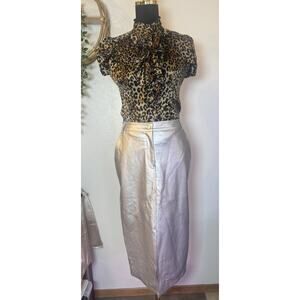Silver Faux Leather Skirt Midi Skirt y2k Cool Girl Festival